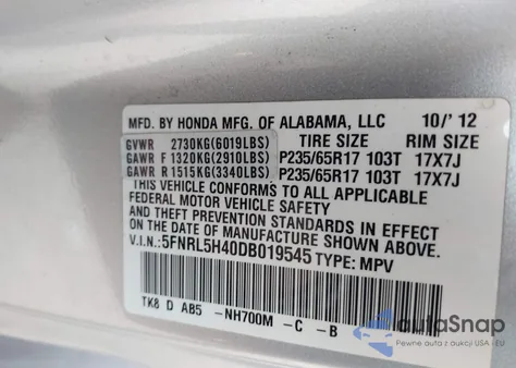 2013 Honda Odyssey Ex z USA, uszkodzony, nr VIN 5FNRL5H40DB019545